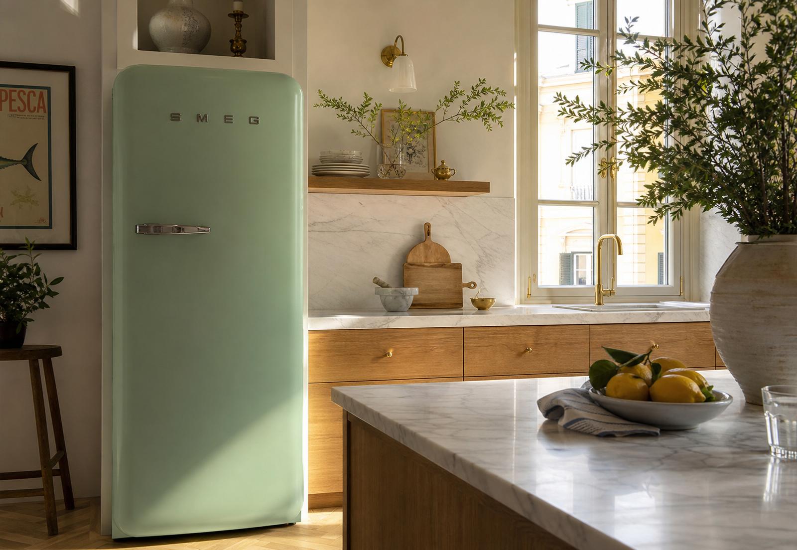 A pastel-mint FAB refrigerator in a sunlit marble kitchen